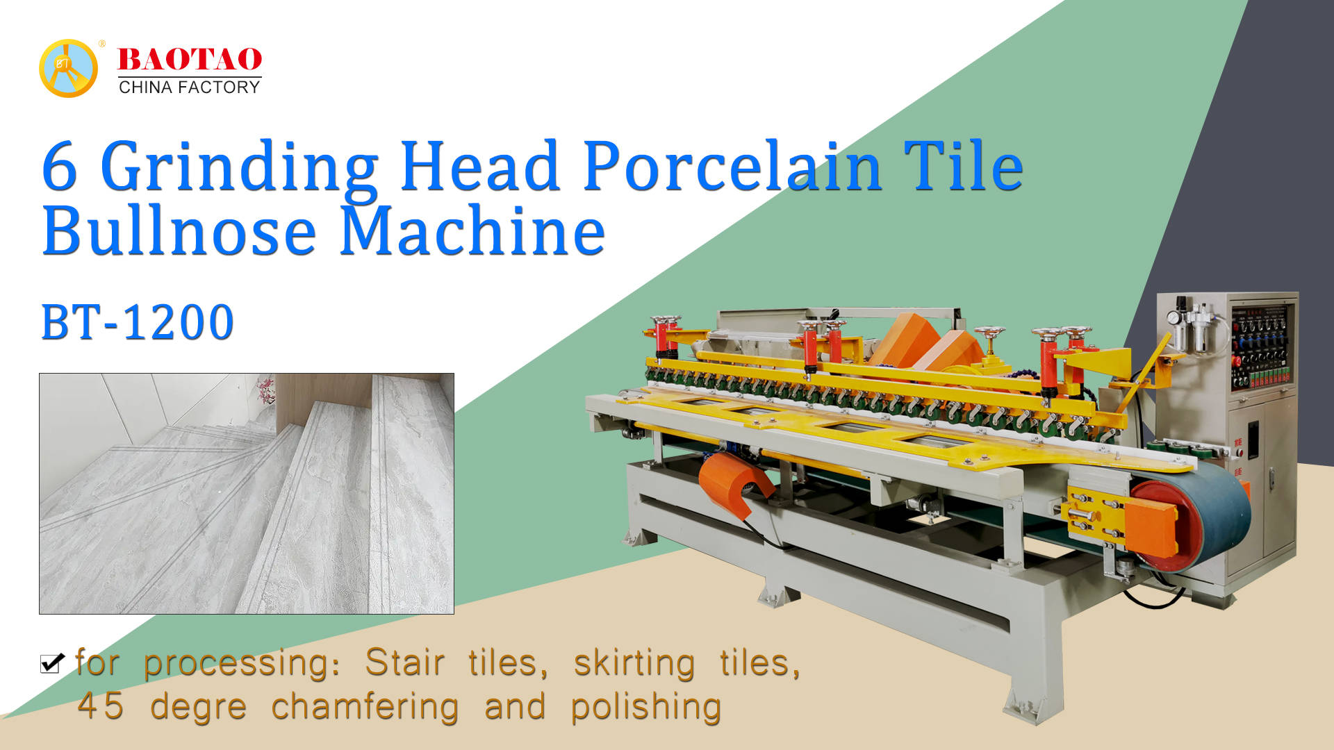 Baotao 6heads automatic ceramic tiles arc edge polishing stone porcelain Tile Bullnose machine